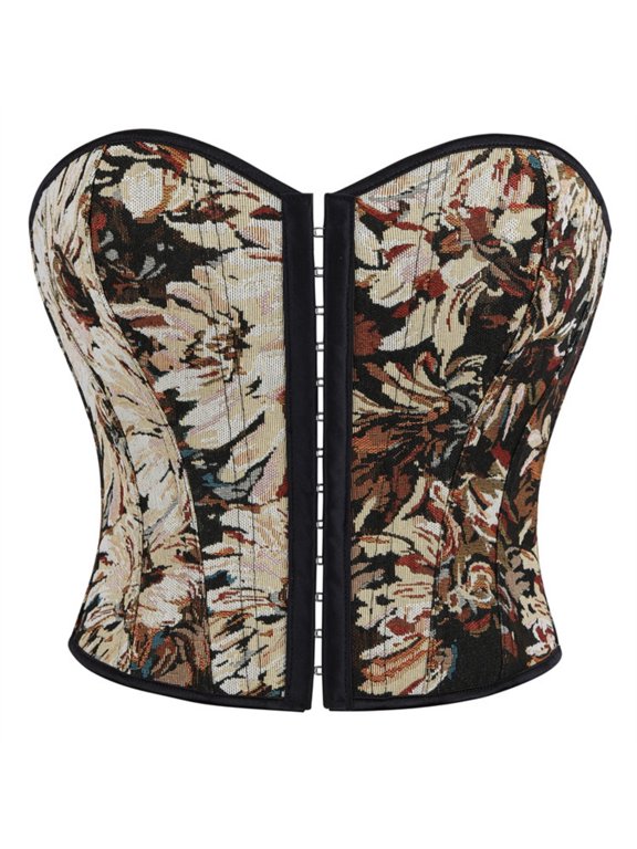 Women's Floral Print Corset Top Sweetheart Neck Busk Front Lace Up Back Boned Waist Trainer for Steampunk Outfits XS