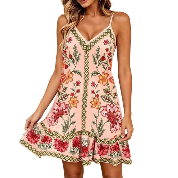 QSAWXQZ Women's Floral Print Dress V Neck Sleeveless Mini Boho Sundress Adjustable Strap Outfit for Vacation L