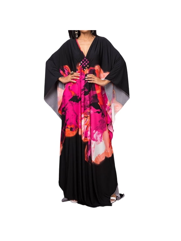 Women's Floral Print Kaftan Maxi Dress V Neck Batwing Long Sleeve Side Slit Oversize Summer Beach Boho Cover Up for Vacation Free Size