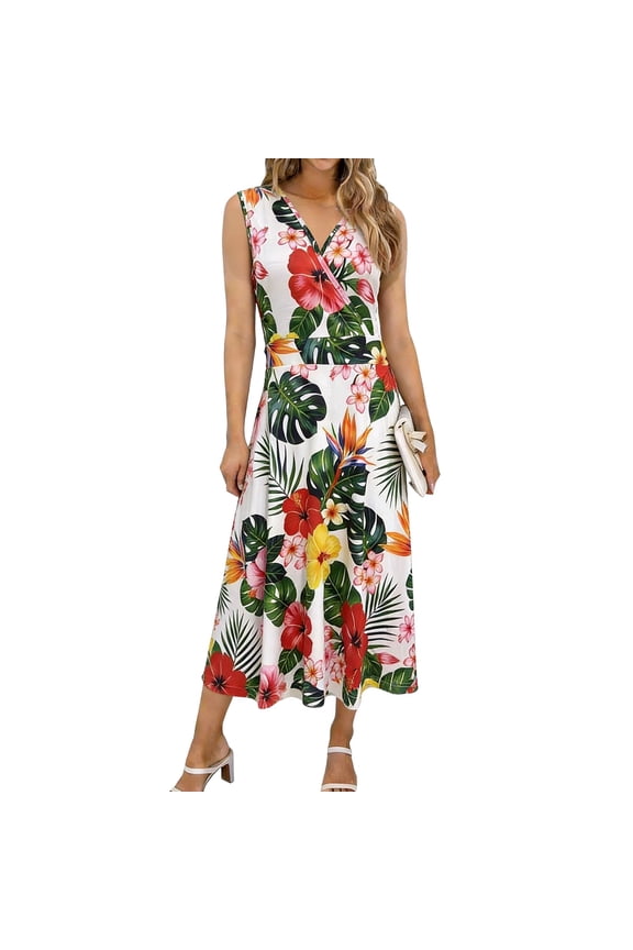Women's Floral Print Maxi Dress Sleeveless V Neck A Line Casual Boho Summer Beach Dress for Vacation M