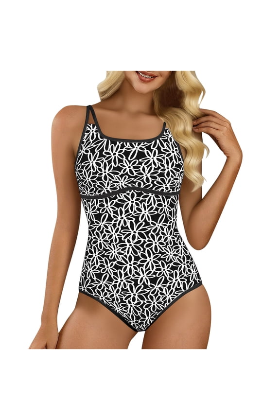 Women's Floral Print One Piece Swimsuit Spaghetti Strap Sleeveless Square Neck Bathing Suit Boho Summer Vacation Beachwear S