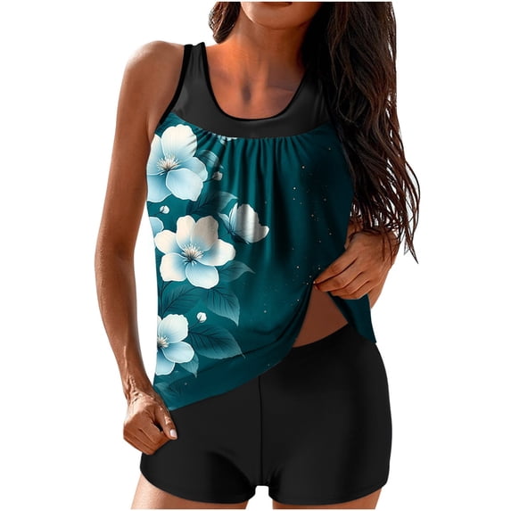 QSAWXQZ Women's Floral Print Tankini Set 2 Piece Bathing Suit Built in Padded with Scoop Neck Sleeveless Loose Top Boyshorts Tummy Control Modest Swimwear for Beach Pool Vacation Multicolor-5 2XL