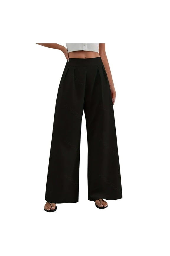 Women's Flowy Wide Leg Trousers High Waisted Pleated Long Dress Pants Loose Summer Beach Pant Black L