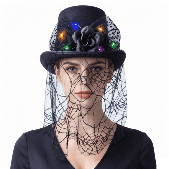 QSAWXQZ Women's Halloween Top Hat Tall Crown Wide Brim Mesh Veil Feather Masquerade Stage Party Headwear Free Size