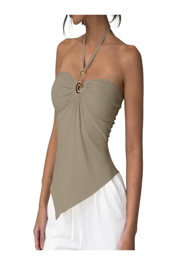 Women's Halter Neck Sleeveless Tank Top Sleeveless Elegant Ring Detail Slimming Stretchy Solid Asymmetrical Hem Casual Pullover Blouse for Party and Date Night Khaki S