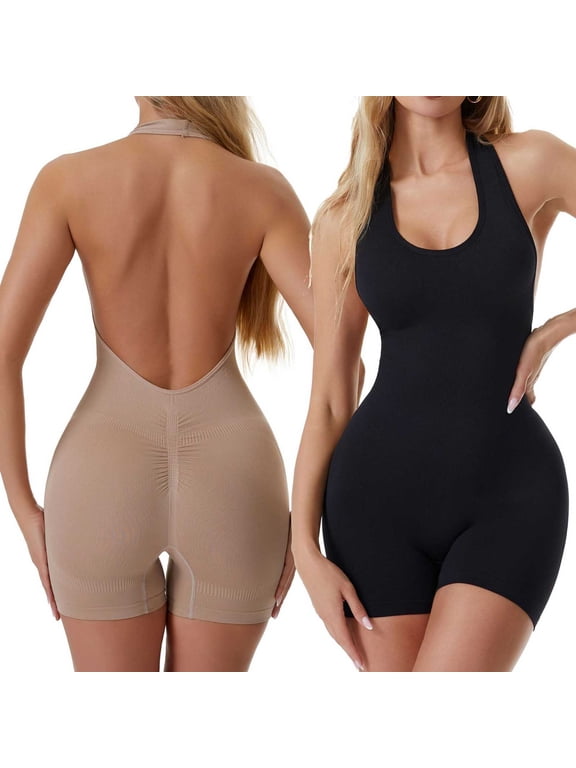 Women's Halter Shapewear Romper Open Back Tummy Control Sleeveless Butt Lifter Shorts One Piece Layer for Night Out L