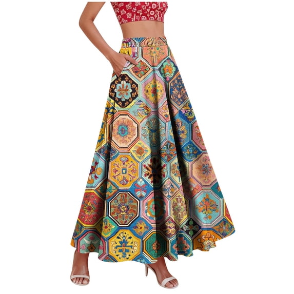 QSAWXQZ Women's High Waisted Floral Maxi Skirt with Pockets Elastic Waist Vintage A Line Flowy Long Skirt Summer Beach Boho Vacation Resort Wear S