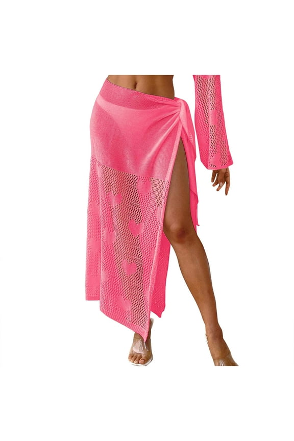 Women's Hollow Out Cover Up Skirt Tie Side Crochet Sarong Wrap Beach Swimsuit Hot Pink Free Size
