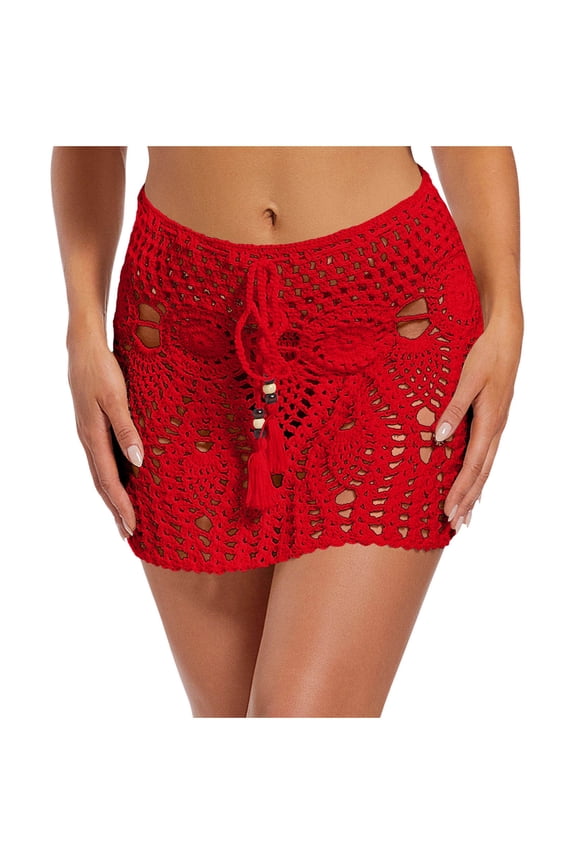 Women's Hollow Out Crochet Mini Skirt Cover Up with Tassel Drawstring Boho Beach Bottom Red L
