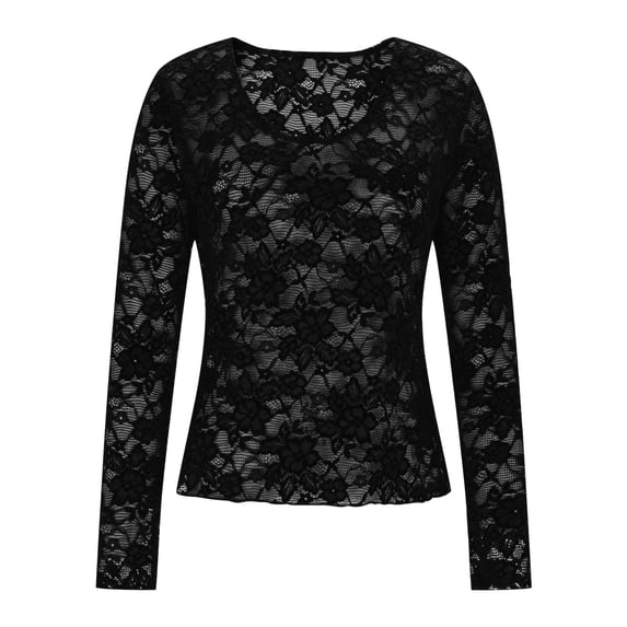 QSAWXQZ Women's Hollow Out Lace Shirt Solid Long Sleeve Crewneck Slim Pullover Blouse for Spring Black L