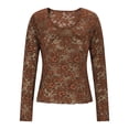 thumbnail image 1 of QSAWXQZ Women's Hollow Out Lace Shirt Solid Long Sleeve Crewneck Slim Pullover Blouse for Spring Coffee XL, 1 of 7