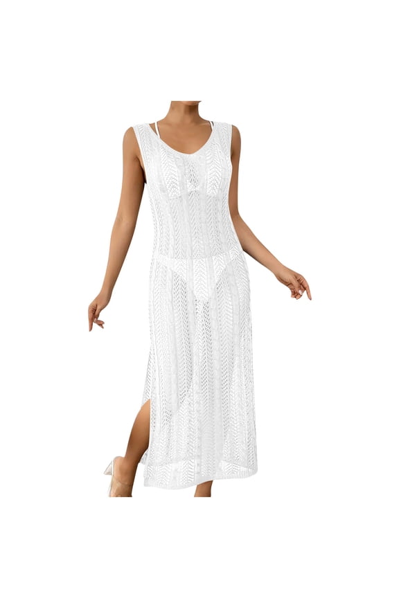 Women's Hollow Out Maxi Beach Cover Up Dress Sleeveless V Neck Knit See Through Long Dress White Free Size