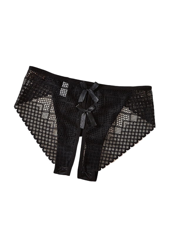 Women's Hollow Out Open Crotch Panties Lingerie Bow Accents See Through Mesh Briefs Underwear for Date Night Black 2XL
