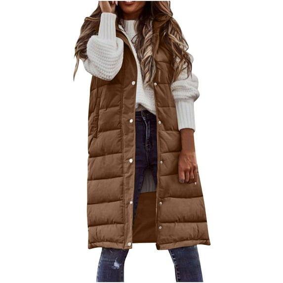 QSAWXQZ Women's Hooded Long Puffer Vest Button Down Sleeveless Solid Quilted Outwear with Pockets Coffee S
