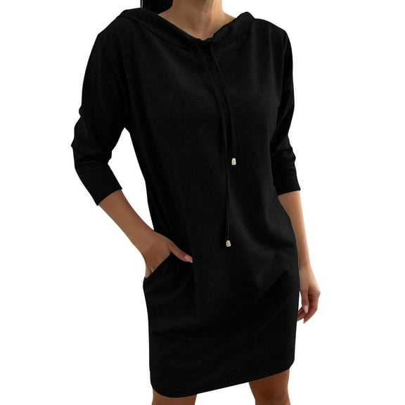 QSAWXQZ Women's Hoodie Sweater Dress Drawstring Three Quarter Sleeve Solid Pullover Mini Dress with Pockets Black 3XL