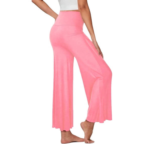 QSAWXQZ Women's Ice Silk Style Wide Leg Pants Stretch High Elastic Waist Solid Casual Palazzo Trousers for Yoga Lounge Pink XL