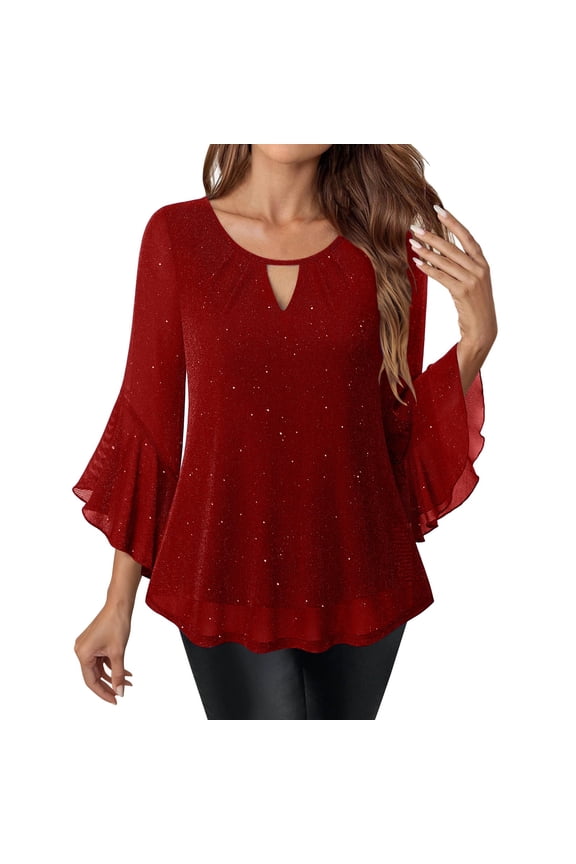 Women's Keyhole Neck Blouse Three Quarter Bell Sleeve Evening Party Tunic Top Red M