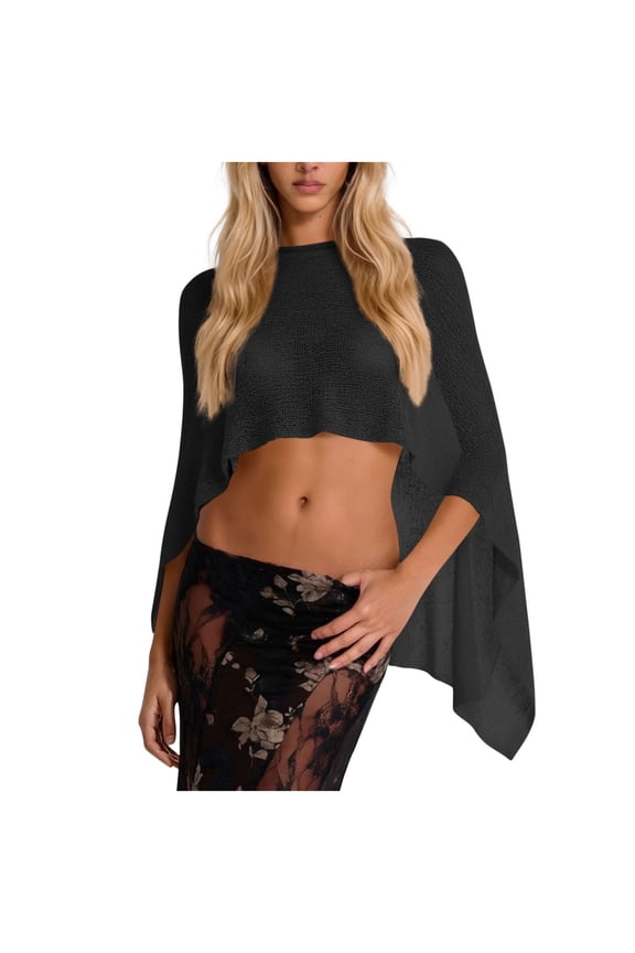 Women's Knit Beach Cover Up Sun Protection Poncho 3/4 Sleeve Crew Neck Lightweight Breathable Sheer Crop Blouse for Swimwear Free Size