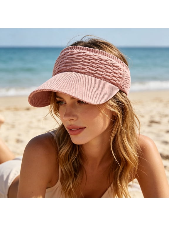 Women's Knit Open Top Visor Hat Textured Stretch Elastic Breathable Wide Brim Summer Sun Cap Free Size
