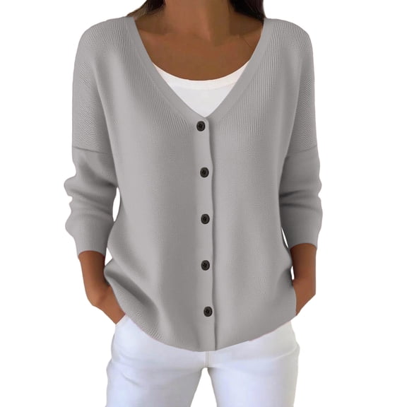 QSAWXQZ Women's Knit Shirt Long Sleeve V-Neck Button Front Cardigan Casual Top for Spring Gray L
