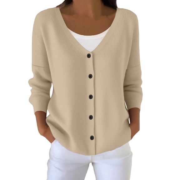 QSAWXQZ Women's Knit Shirt Long Sleeve V-Neck Button Front Cardigan Casual Top for Spring Khaki M