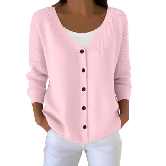 QSAWXQZ Women's Knit Shirt Long Sleeve V-Neck Button Front Cardigan Casual Top for Spring Pink S