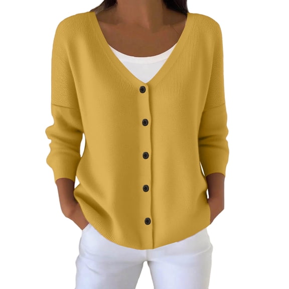 QSAWXQZ Women's Knit Shirt Long Sleeve V-Neck Button Front Cardigan Casual Top for Spring Yellow S