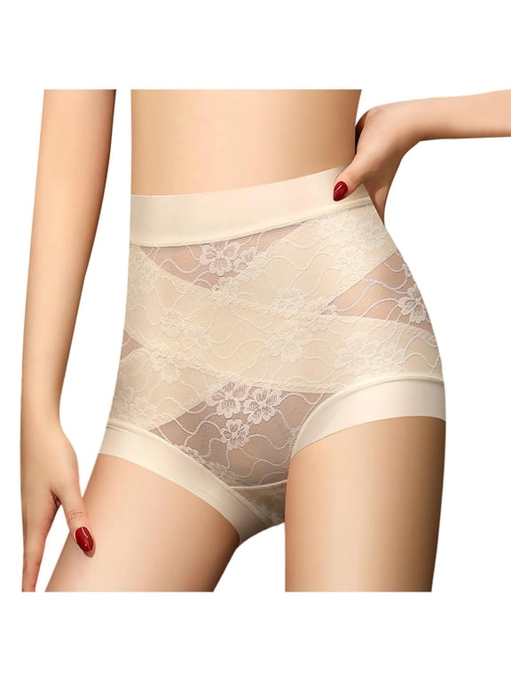 Women's Lace Seamless Shapewear Underwear Floral Graphic High Waist Mid Thigh Control Breathable Date Night Stretch Panties Beige M