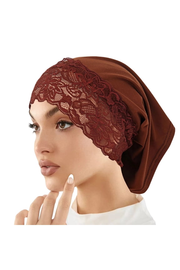 Women's Lace Trim Undercap Soft Hijab Inner Cap Breathable Chemo Bonnet Turbans Cap Beanie Hat Head Wraps for Sleep Free Size