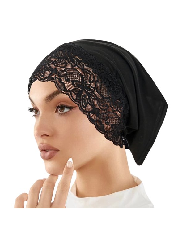 Women's Lace Trim Undercap Soft Hijab Inner Cap Breathable Chemo Bonnet Turbans Cap Beanie Hat Head Wraps for Sleep Free Size
