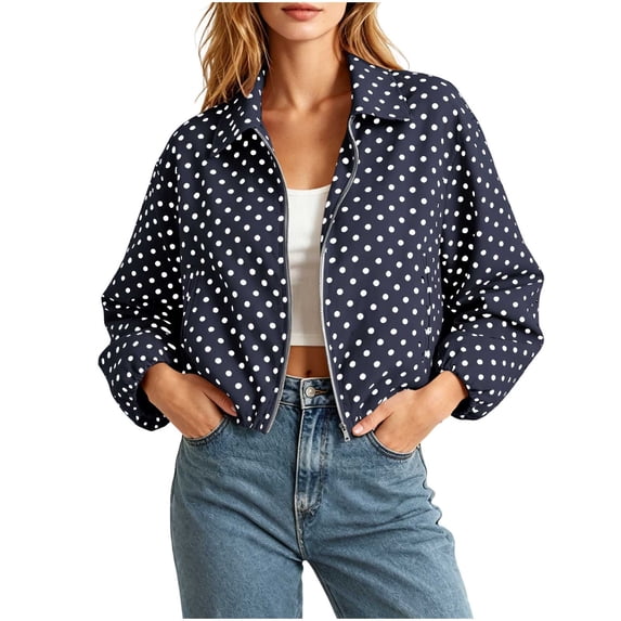 QSAWXQZ Women's Lightweight Bomber Jacket Polka Dot Lapel Zip up Long Sleeve Cropped Casual Outerwear for Fall M