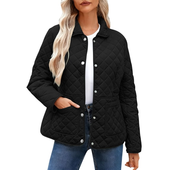 QSAWXQZ Women's Lightweight Puffer Jacket Long Sleeve Lapel Button Down Solid Cardigan Coat with Pockets for Spring Black L