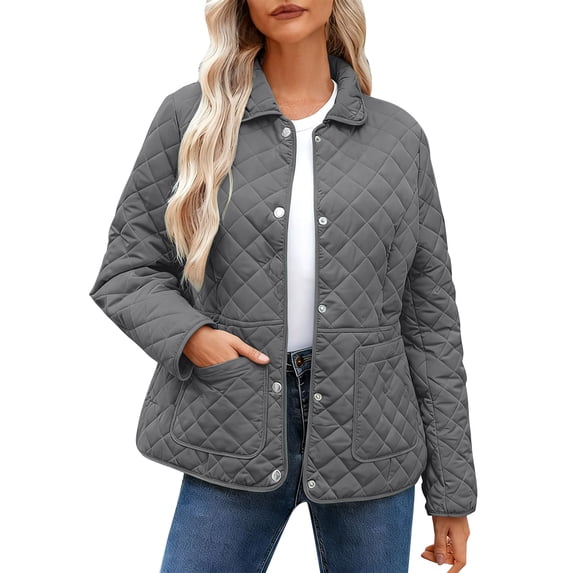 QSAWXQZ Women's Lightweight Puffer Jacket Long Sleeve Lapel Button Down Solid Cardigan Coat with Pockets for Spring Gray M