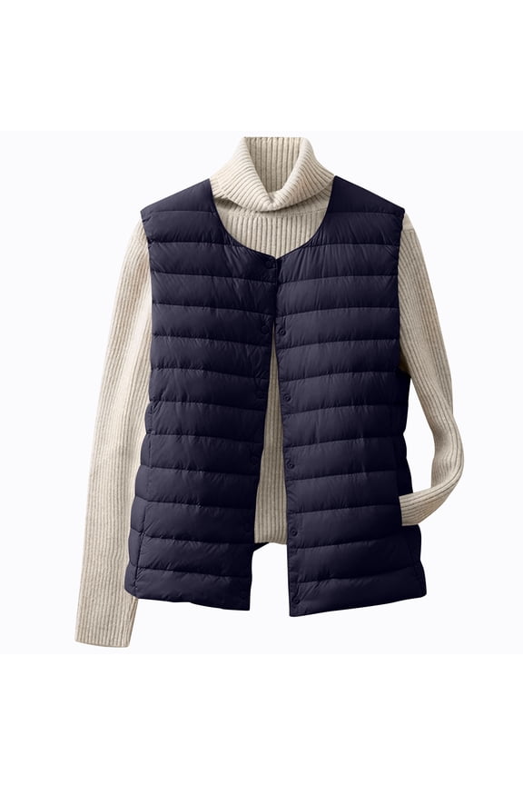 Women's Lightweight Quilted Puffer Vest Sleeveless Crewneck Solid Button Down Cardigan Vest with Pockets Navy M