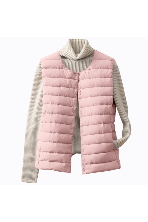Women's Lightweight Quilted Puffer Vest Sleeveless Crewneck Solid Button Down Cardigan Vest with Pockets Pink XS