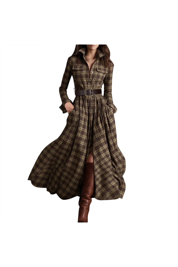 Women's Long Sleeve Plaid Shirt Dress Button Down Maxi Dress Belted Lapel Collar Neck Casual Vintage Dress with Pockets for Spring Khaki L