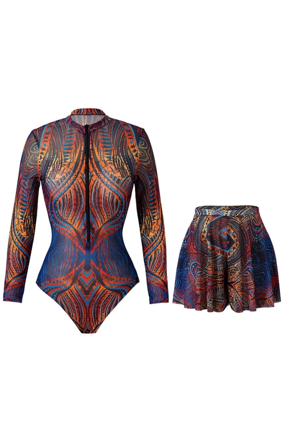 Women's Long Sleeve Rash Guard Set 2 Piece Bathing Suit with Zipper Front Top and Swim Skirt UV Sun Protection Athletic Swimwear for Surfing Beach Pool Multicolor XL