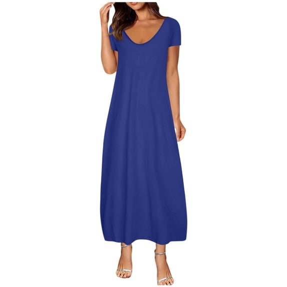QSAWXQZ Women's Loose Maxi Dress Short Sleeve Scoop Neck Long Flowy Loungewear T-Shirt Dress with Pockets Blue L