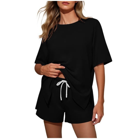 QSAWXQZ Women's Lounge Shorts Set Oversized Short Sleeve Crew Neck Loose T Shirt Drawstring Elastic Waist Bottoms with Pockets Soft Breathable Athletic Leisure Workout Outfit XL