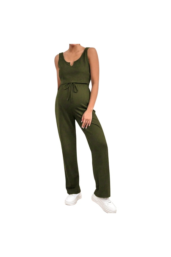 Women's Maternity 2 Piece Lounge Set Sleeveless Notch Neck Crop Tank Wide Leg Elastic Waist Drawstring Pants Solid Ribbed Knit Outfit Sets for Summer 2XL