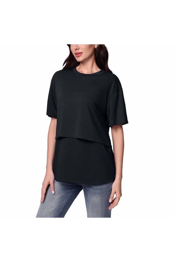 Women's Maternity Blouse Double Layer Crew Neck Short Sleeve Loose Solid Pullover T-Shirt Top for Summer S