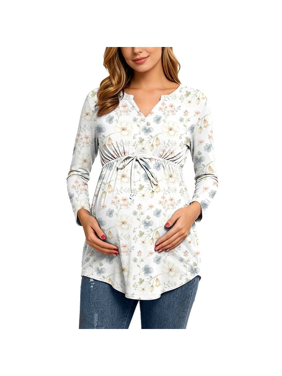 Women's Maternity Blouse Floral Long Sleeve Empire Waist V Neck Casual Soft Fashion Tunic for Fall 2XL