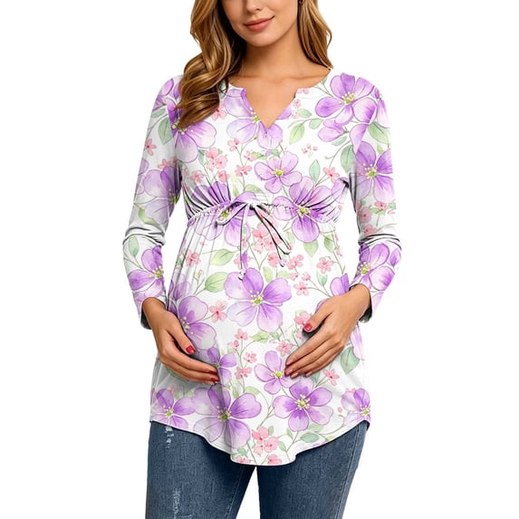 QSAWXQZ Women's Maternity Blouse Floral Long Sleeve Empire Waist V Neck Casual Soft Fashion Tunic for Fall XL