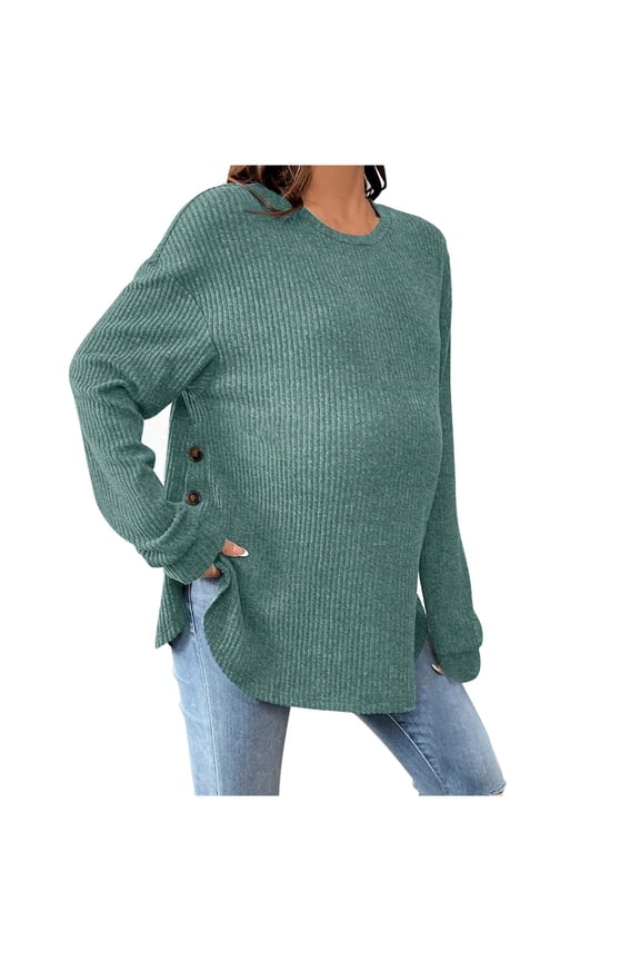 Women's Maternity Blouse Side Button Slit Hem Long Sleeve Crew Neck Loose Casual Pullover Ribbed Tunic Top for Spring S