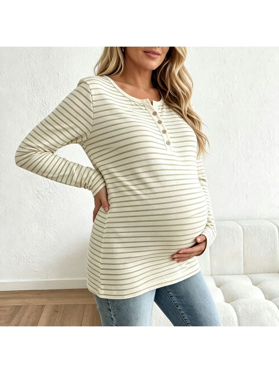 Women's Maternity Blouse Striped Long Sleeve Quarter Button Crew Neck Casual Stretchy Shirt for Fall 2XL