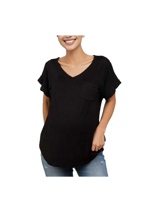 Women's Maternity Blouse V Neck Front Short Sleeve Solid Loose Stretchy Casual Wear Tee Top for Summer M