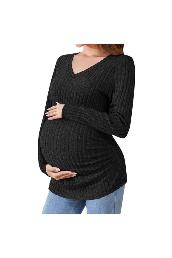 Women's Maternity Blouse V Neck Ribbed Knit Long Sleeve Solid Side Ruched Stretchy Pullover Tunic Top for Spring 2XL