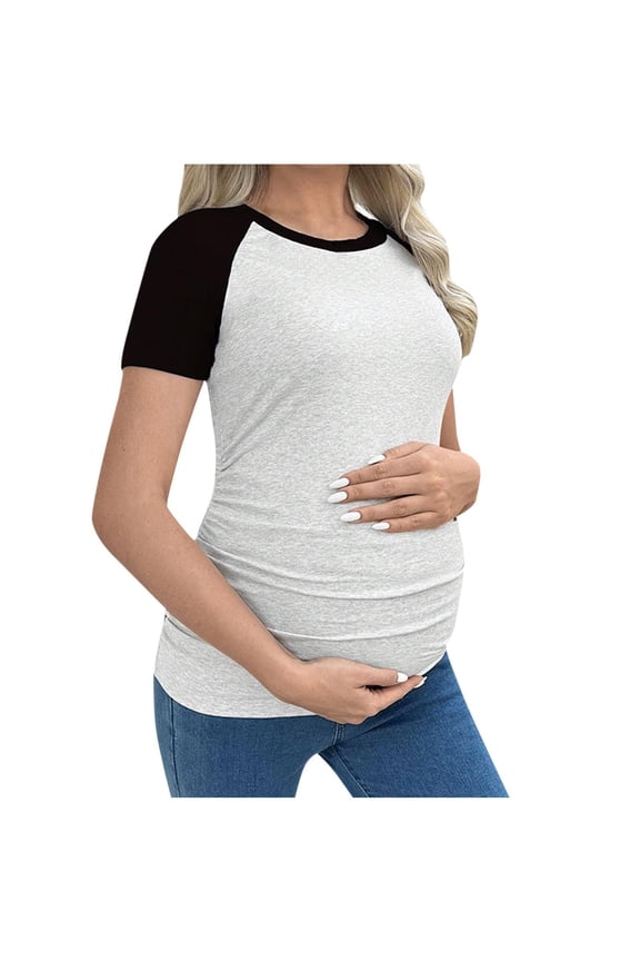 Women's Maternity Raglan Shirt Short Sleeve Crew Neck Color Block Side Ruched Stretchy Lightweight Casual Wear Tee Top for Summer L