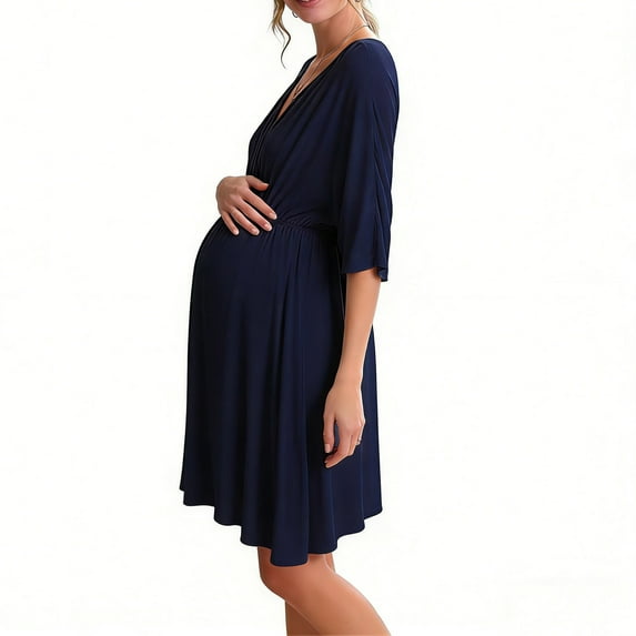 QSAWXQZ Women's Maternity Wrap Midi Dress V Neck Short Sleeve Empire Waist Loose Flowy Solid Soft Pregnancy Dress 2XL