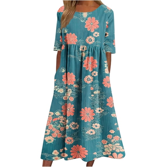 QSAWXQZ Women's Maxi Dress Short Sleeve V Neck Button Floral Print A Lined Dress with Pockets for Summer Green 2XL